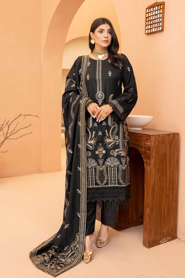 Deep Black 3pc - Embroidered Dhanak Dress