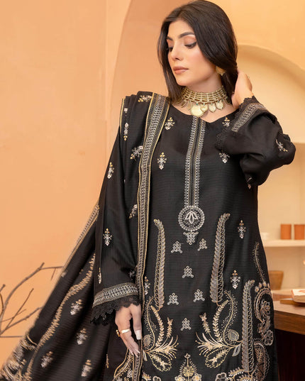 Deep Black 3pc - Embroidered Dhanak Dress