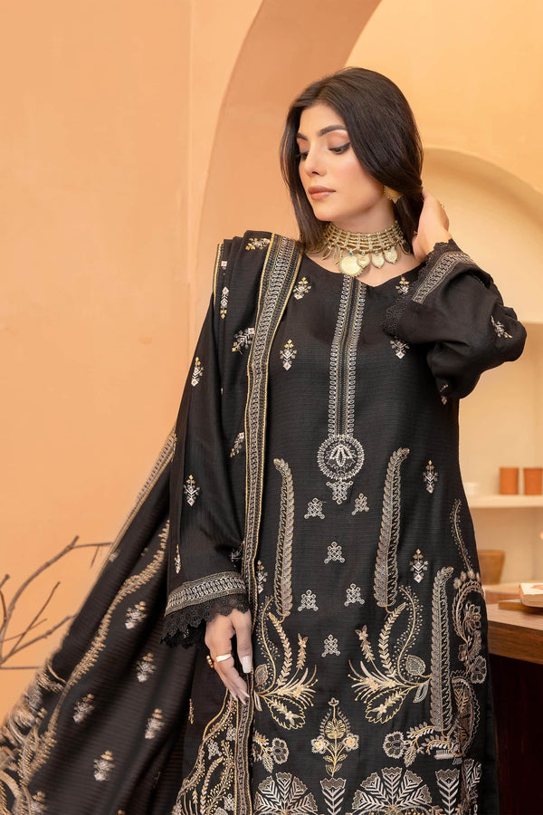 Deep Black 3pc - Embroidered Dhanak Dress