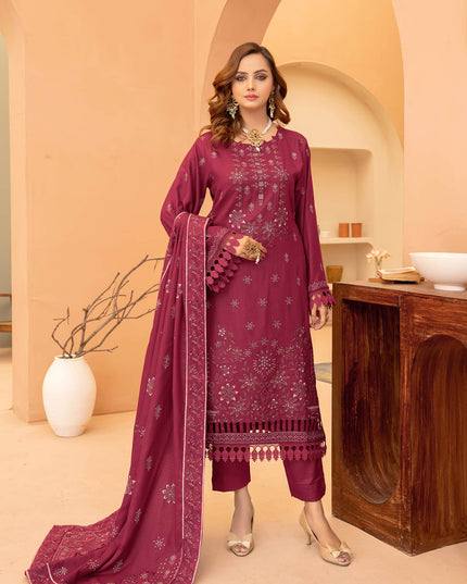 Burgundy 3pc - Embroidered Dhanak Dress