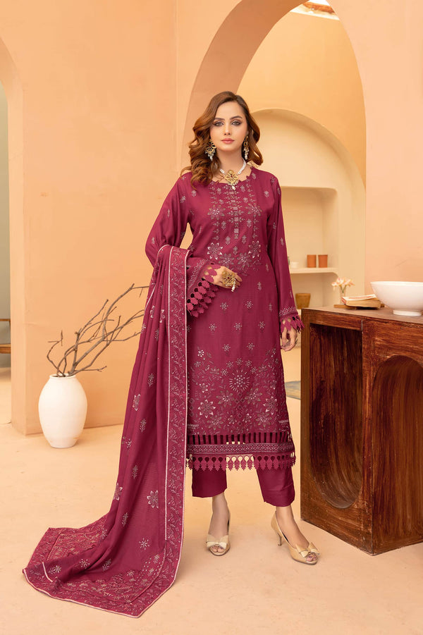 Burgundy 3pc - Embroidered Dhanak Dress