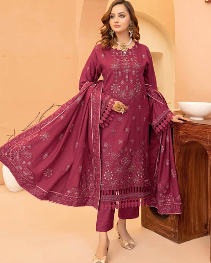 Burgundy 3pc - Embroidered Dhanak Dress