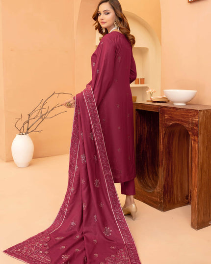 Burgundy 3pc - Embroidered Dhanak Dress
