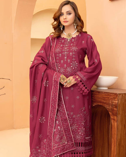 Burgundy 3pc - Embroidered Dhanak Dress