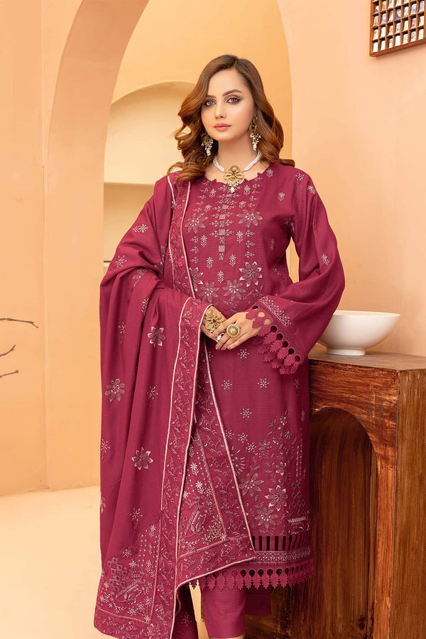 Burgundy 3pc - Embroidered Dhanak Dress