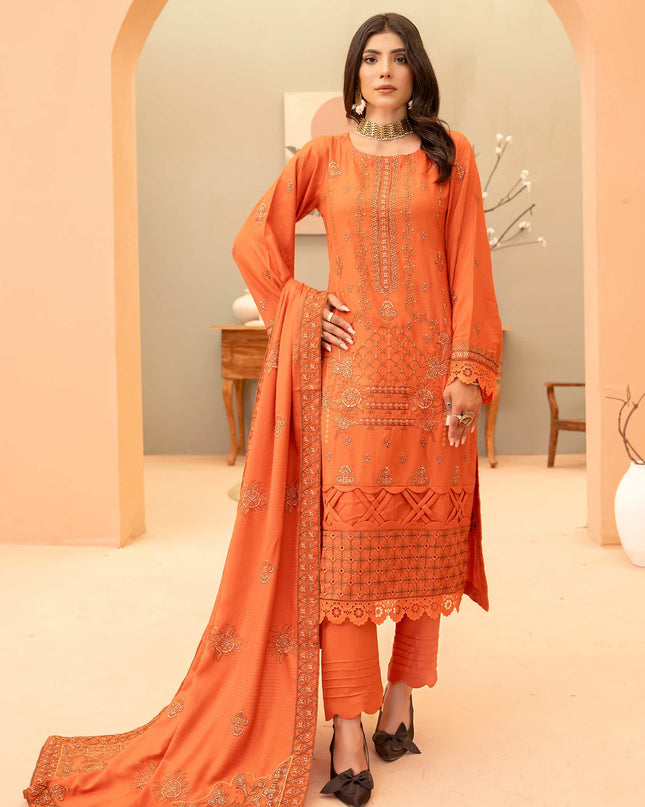 Burnt-Orange 3pc - Dhanak Embroidered Dress