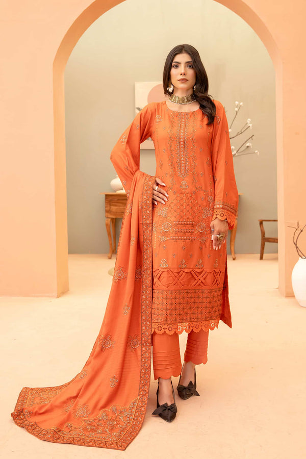 Burnt-Orange 3pc - Dhanak Embroidered Dress