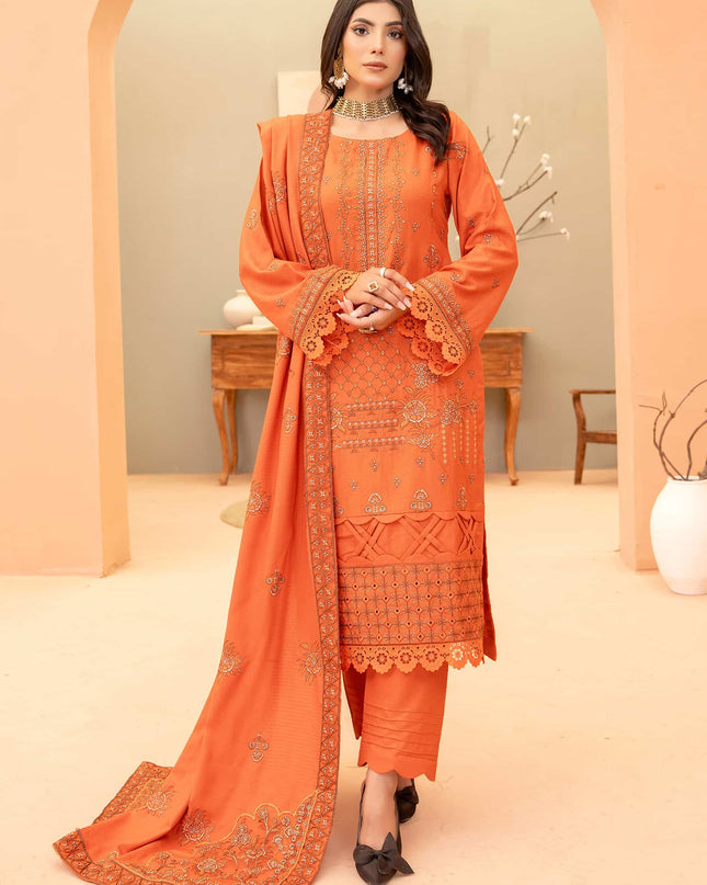 Burnt-Orange 3pc - Dhanak Embroidered Dress