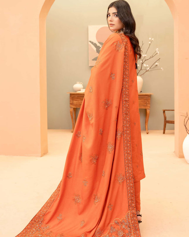 Burnt-Orange 3pc - Dhanak Embroidered Dress