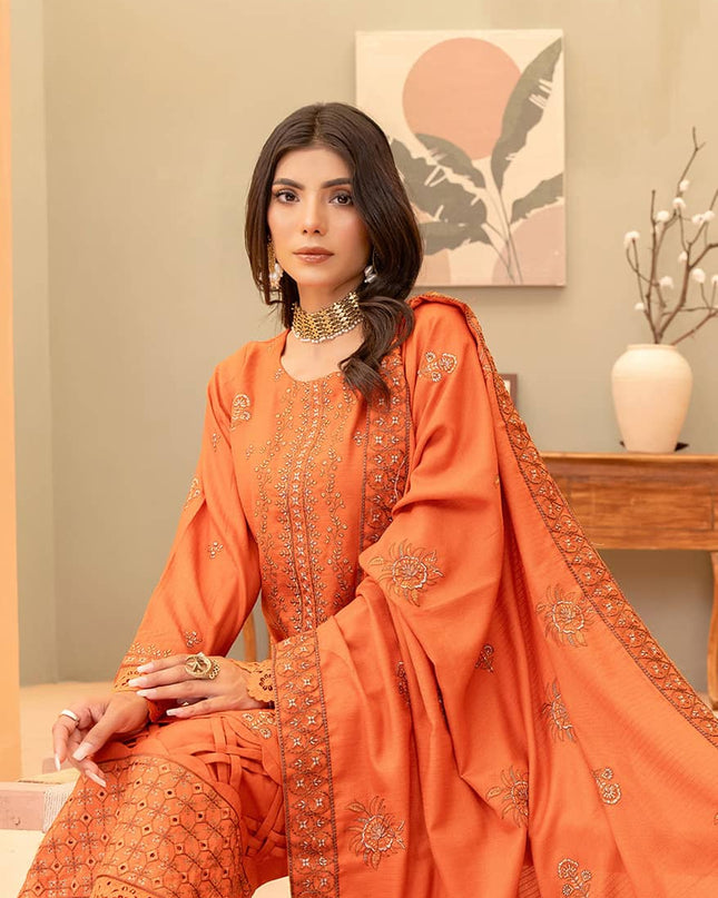 Burnt-Orange 3pc - Dhanak Embroidered Dress