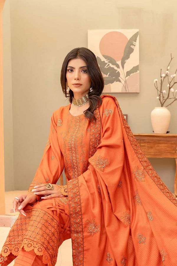 Burnt-Orange 3pc - Dhanak Embroidered Dress