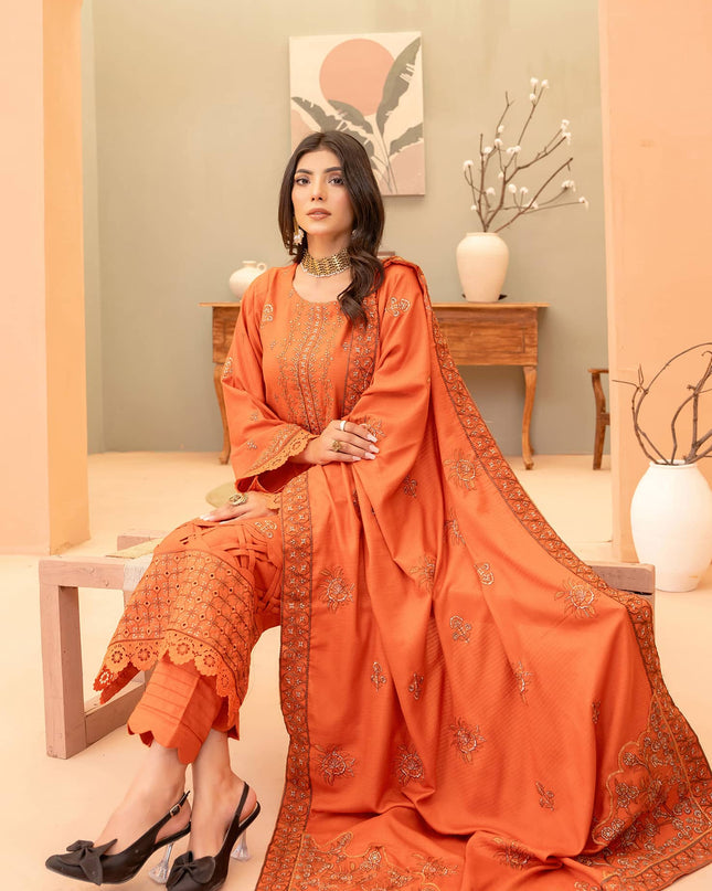 Burnt-Orange 3pc - Dhanak Embroidered Dress