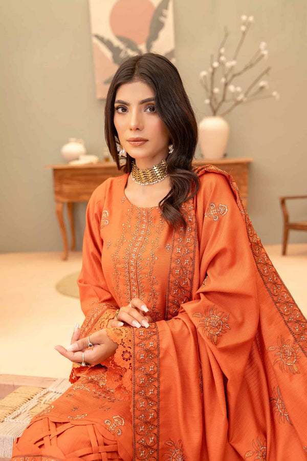 Burnt-Orange 3pc - Dhanak Embroidered Dress