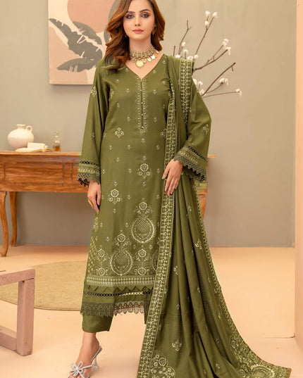 Olive-Drab 3pc - Dhanak Embroidered Dress