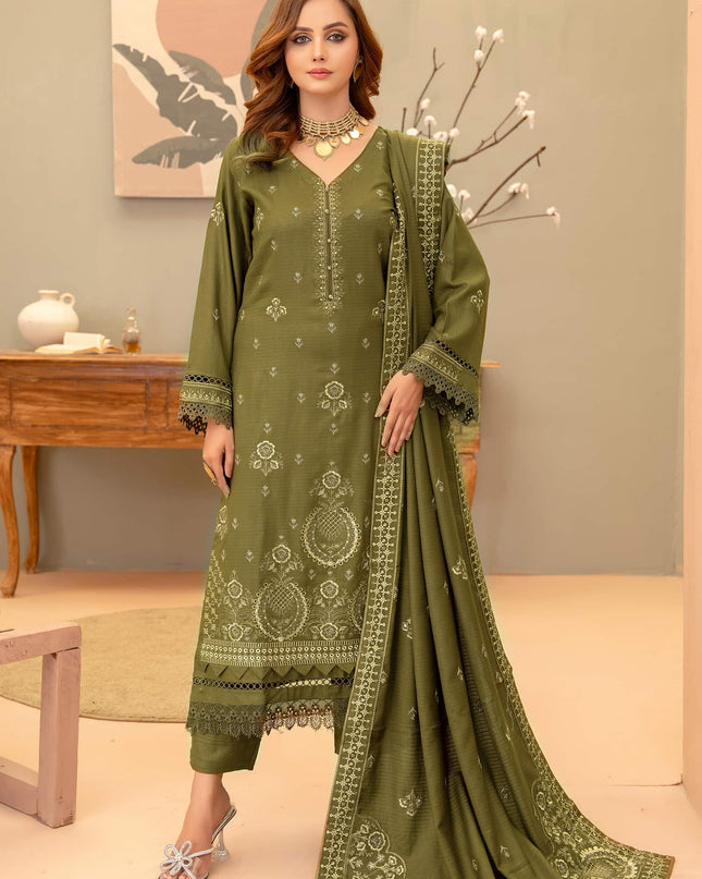 Olive-Drab 3pc - Dhanak Embroidered Dress