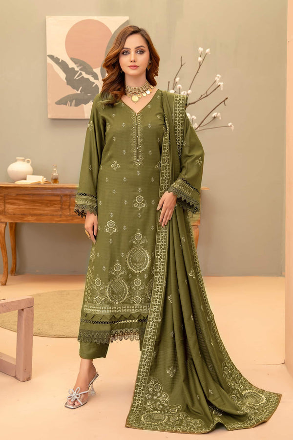 Olive-Drab 3pc - Dhanak Embroidered Dress