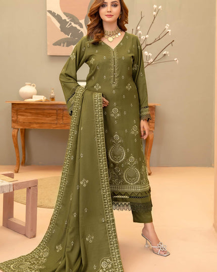 Olive-Drab 3pc - Dhanak Embroidered Dress