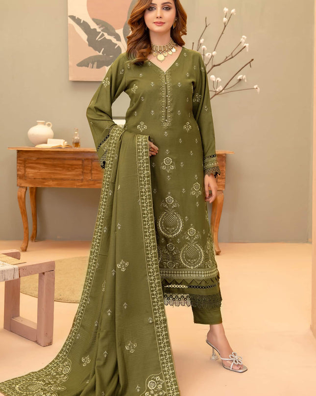 Olive-Drab 3pc - Dhanak Embroidered Dress