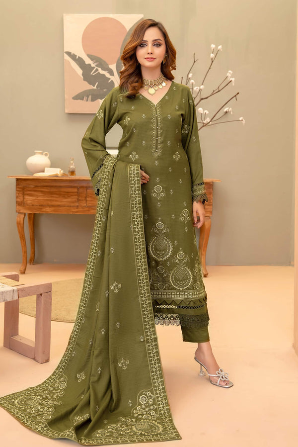 Olive-Drab 3pc - Dhanak Embroidered Dress