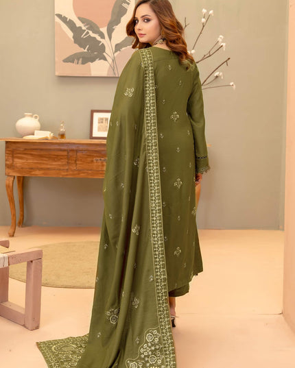 Olive-Drab 3pc - Dhanak Embroidered Dress