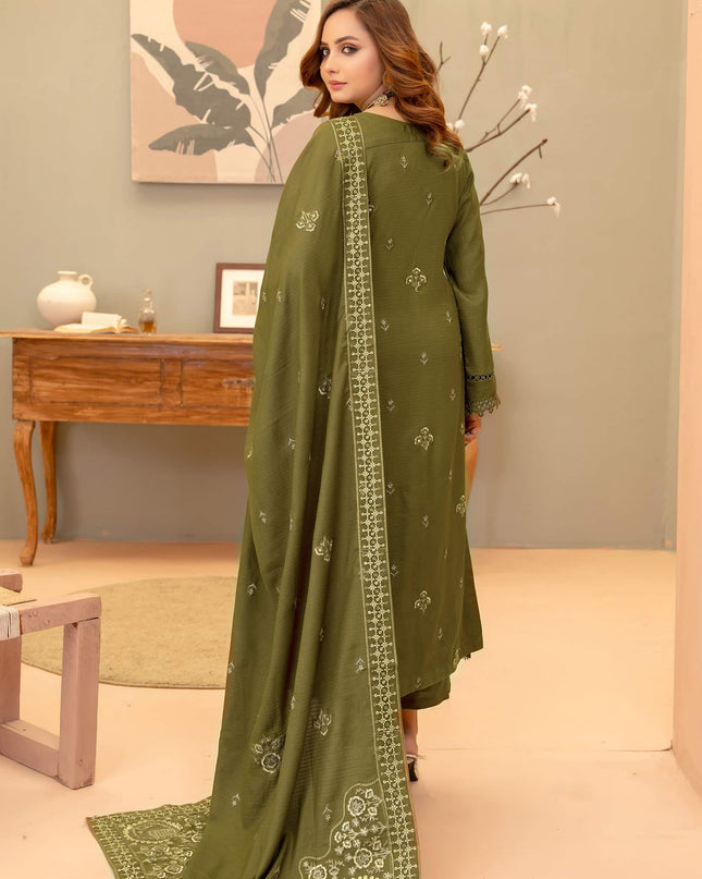 Olive-Drab 3pc - Dhanak Embroidered Dress