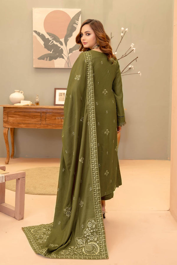 Olive-Drab 3pc - Dhanak Embroidered Dress