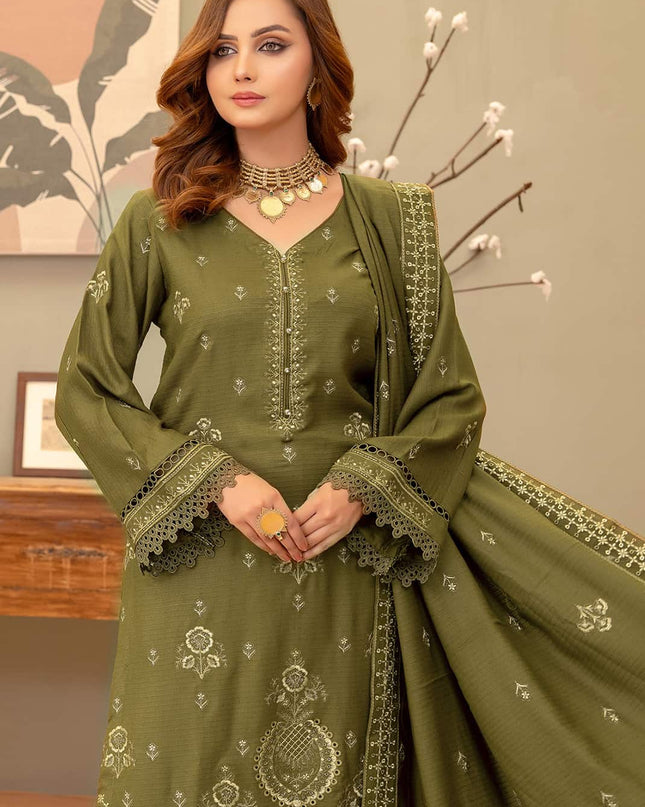 Olive-Drab 3pc - Dhanak Embroidered Dress