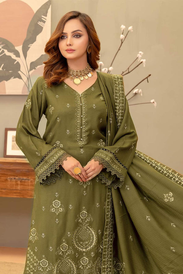 Olive-Drab 3pc - Dhanak Embroidered Dress