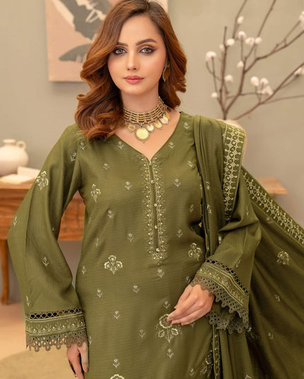 Olive-Drab 3pc - Dhanak Embroidered Dress