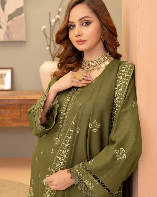 Olive-Drab 3pc - Dhanak Embroidered Dress