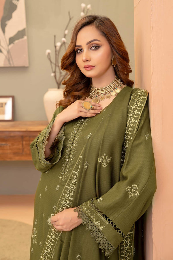 Olive-Drab 3pc - Dhanak Embroidered Dress