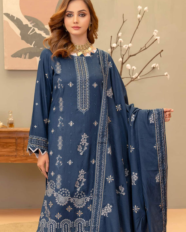 Oxford-Blue 3pc - Dhanak Embroidered Dress