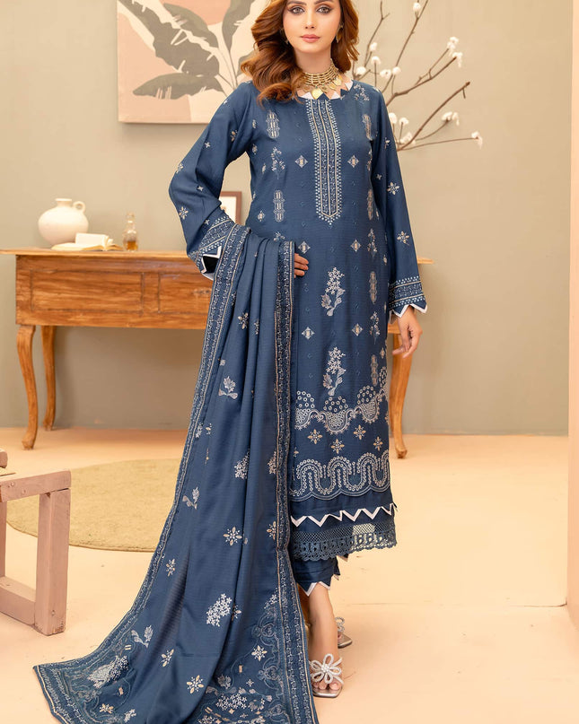 Oxford-Blue 3pc - Dhanak Embroidered Dress