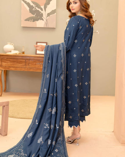 Oxford-Blue 3pc - Dhanak Embroidered Dress