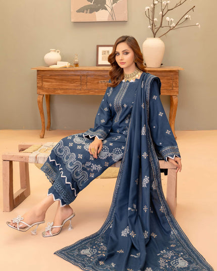 Oxford-Blue 3pc - Dhanak Embroidered Dress