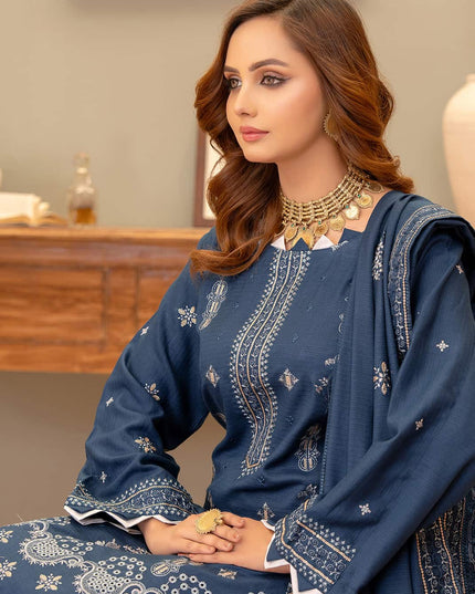Oxford-Blue 3pc - Dhanak Embroidered Dress