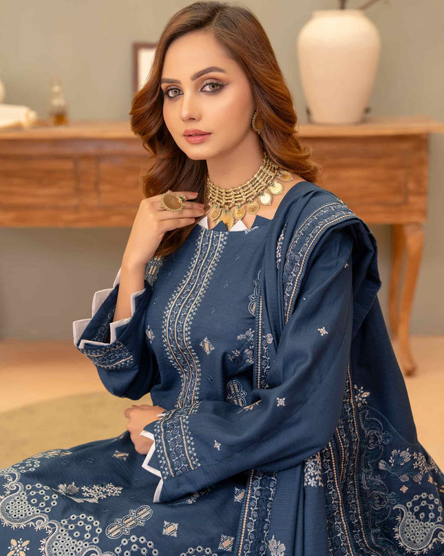 Oxford-Blue 3pc - Dhanak Embroidered Dress