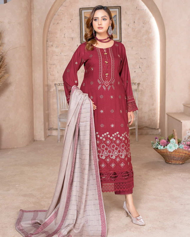 Crimson Red - Dhanak with Pashmina Shawl - 3pc