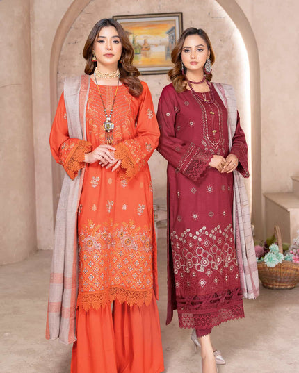 Fiery Coral - Dhanak With Pashmina Shawl - 3pc