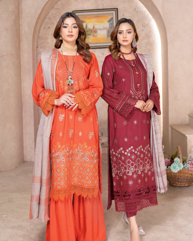Fiery Coral - Dhanak With Pashmina Shawl - 3pc