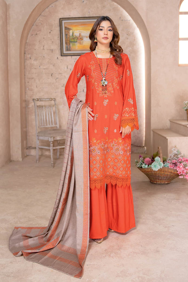 Fiery Coral - Dhanak With Pashmina Shawl - 3pc