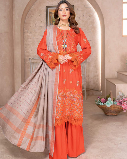 Fiery Coral - Dhanak With Pashmina Shawl - 3pc