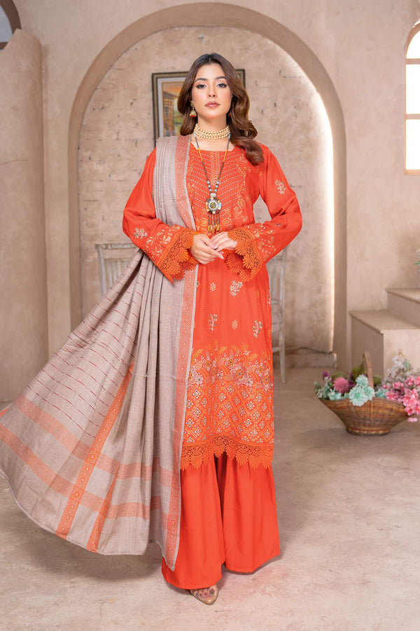 Fiery Coral - Dhanak With Pashmina Shawl - 3pc