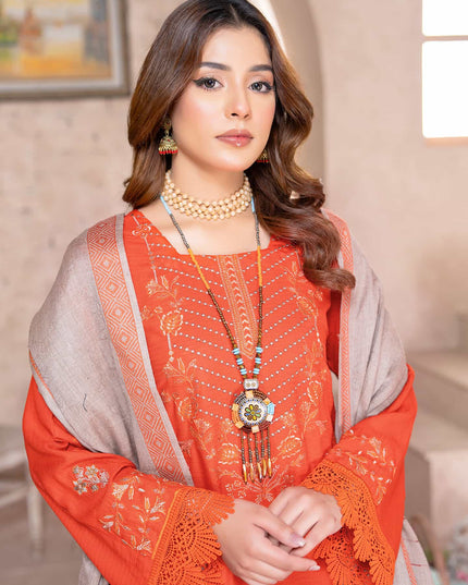 Fiery Coral - Dhanak With Pashmina Shawl - 3pc